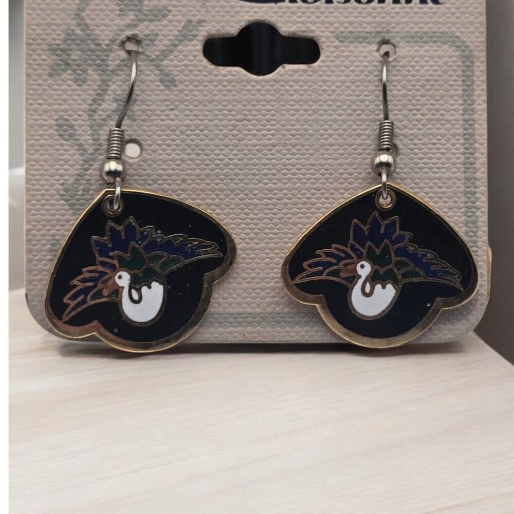 Cloisonné Bird Earrings Black Enamel Drop Dangle - Artisan Folk